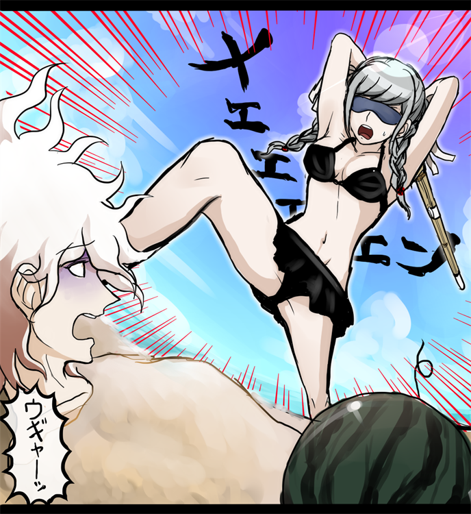 1boy, 1girl, blindfold, braid, breasts, dangan_ronpa, food, from_below, fruit, grey_hair, komaeda_nagito, pekoyama_peko, suikawari, super_dangan_ronpa_2, swimsuit, tezurumozuru, translated, watermelon, white_hair, wooden_sword