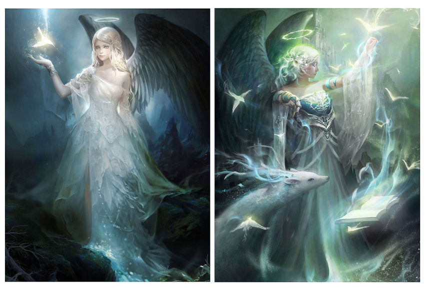 2girls, angel, angel_wings, animal, asymmetrical_clothes, bare_shoulders, bird, black_wings, blonde_hair, blue_eyes, book, bridal_gauntlets, castle, closed_eyes, collage, dress, halo, horns, long_hair, magic, multiple_girls, nguy_thuy_ngan, wings, wrist_cuffs