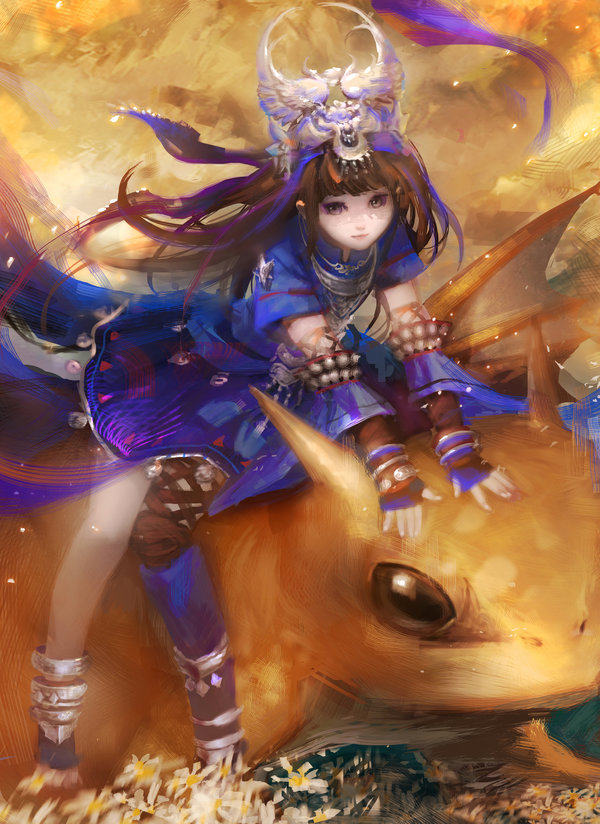 1girl, asymmetrical_clothes, blue_dress, brown_eyes, brown_hair, dragon, dress, elbow_gloves