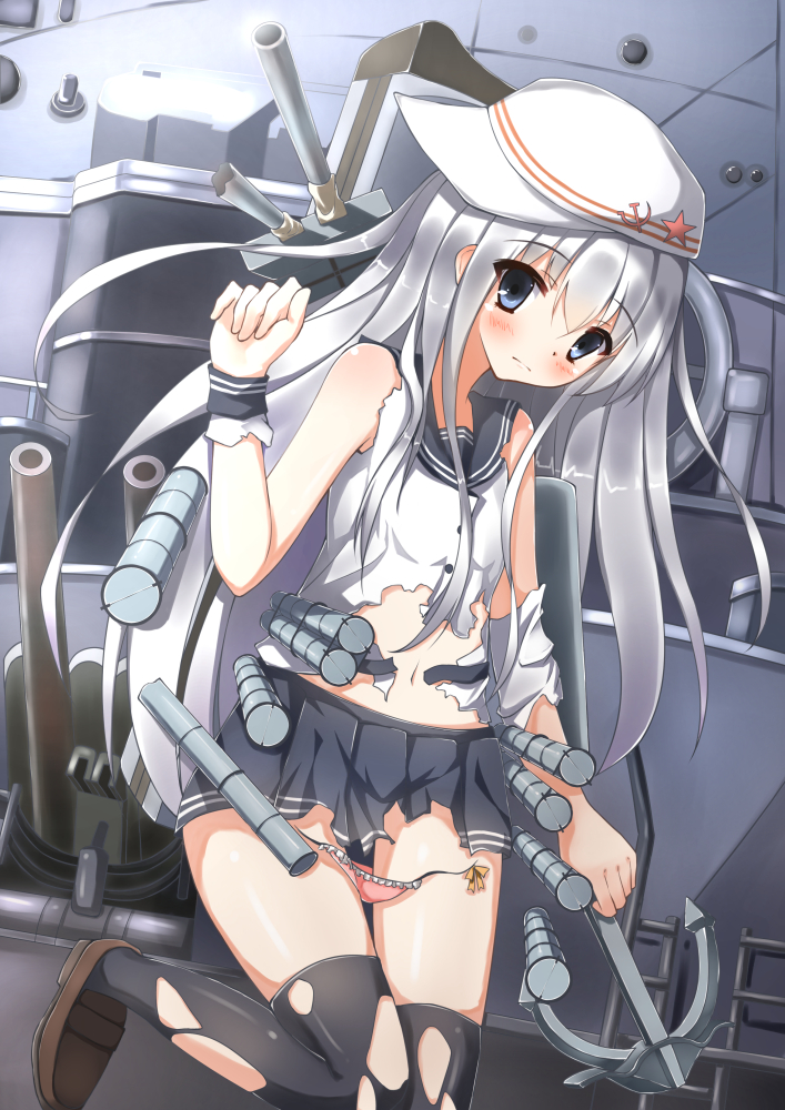 1girl, chitori, grey_eyes, hat, hibiki_(kantai_collection), kantai_collection, long_hair, looking_at_viewer