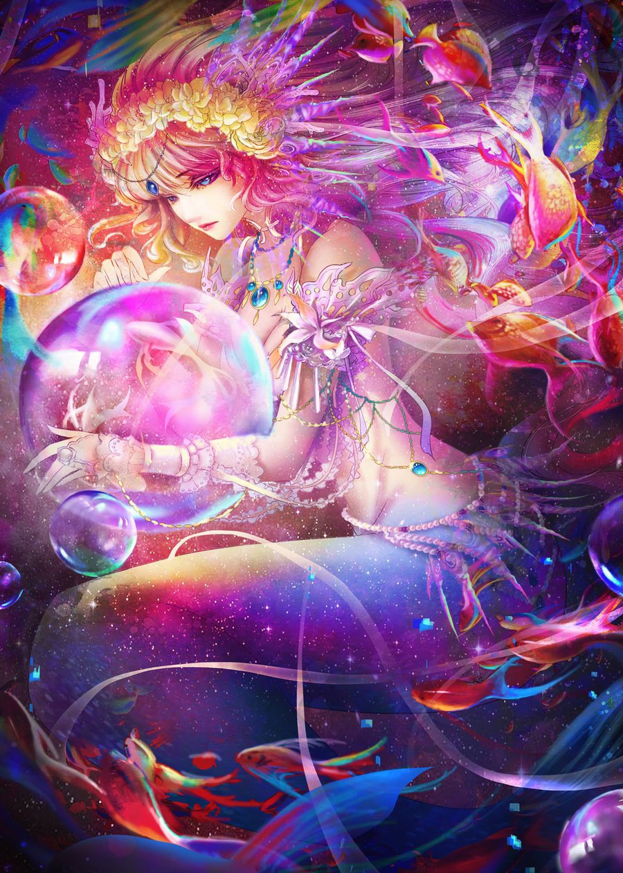 1girl, armband, belly_chain, blonde_hair, blue_eyes, breasts, bridal_gauntlets, bubble, collaboration, fish, full_body, gradient_hair, highres, jewelry, long_hair, mermaid, monster_girl, multicolored_hair, necklace, nguy_thuy_ngan, omocha-san, original, purple_hair, redhead, scales, solo, underwater