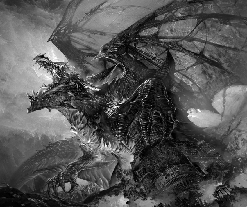 castle, claws, dragon, dragon_wings, fantasy, fire, greyscale, highres