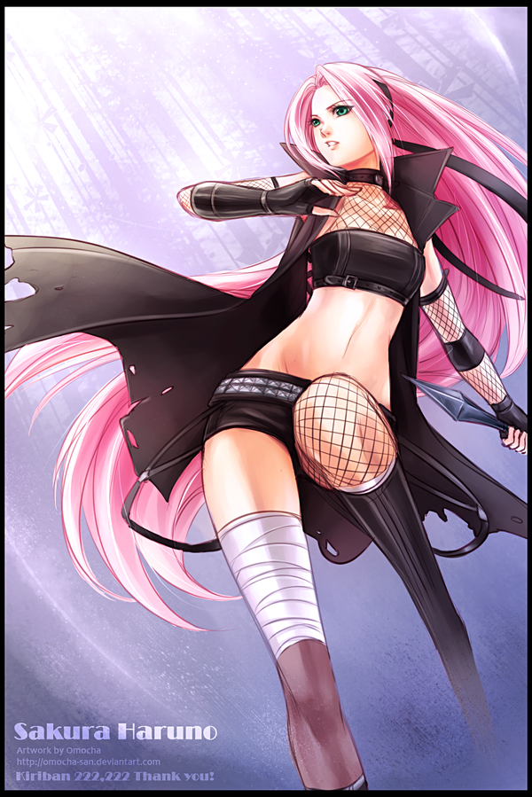 1girl, artist_name, asymmetrical_clothes, bandaged_leg, black_border, character_name, choker, elbow_gloves