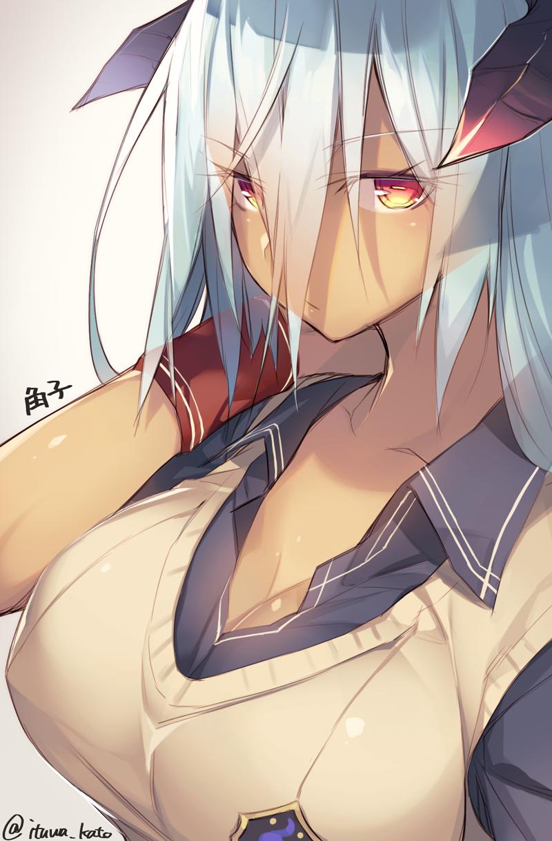 1girl, blue_hair, breasts, bust, cleavage, dark_skin, highres, horns