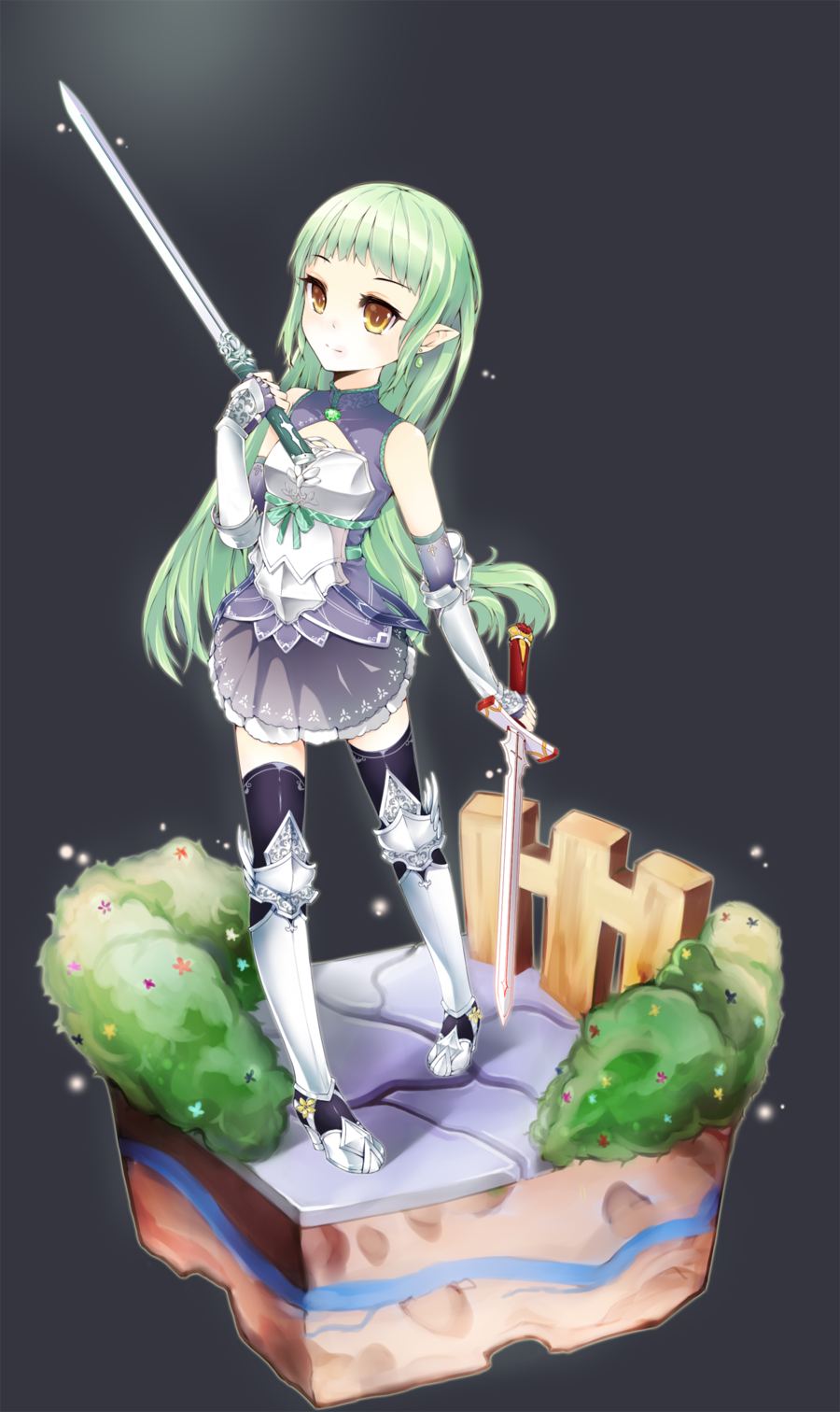 1girl, armor, bare_shoulders, borrowed_character, dual_wielding, earrings, fingerless_gloves, full_body