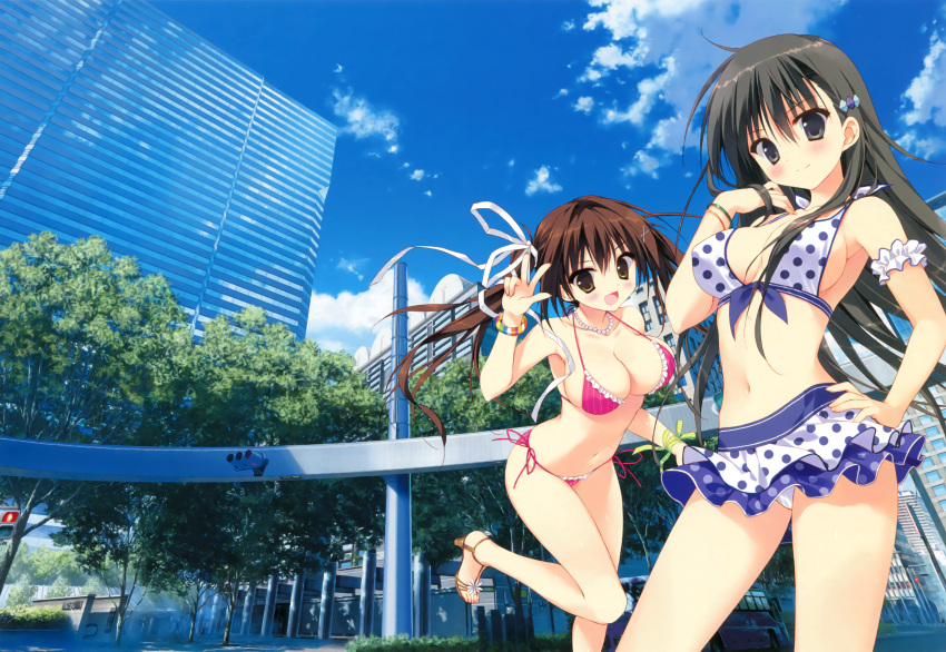 2girls, :d, absurdres, akiyoshi_fuyuka, bikini, bikini_skirt, black_hair, blue_bikini