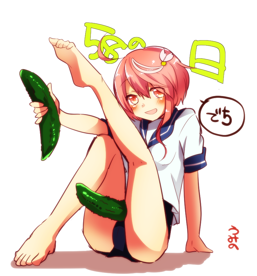 1girl, bare_legs, barefoot, between_legs, bitter_melon, hair_ornament, i-58_(kantai_collection), kantai_collection, neckerchief, pink_eyes, pink_hair, pun, sailor_collar, school_swimsuit, school_uniform, serafuku, short_hair, simple_background, solo, swimsuit, umino_(anesthesia), white_background