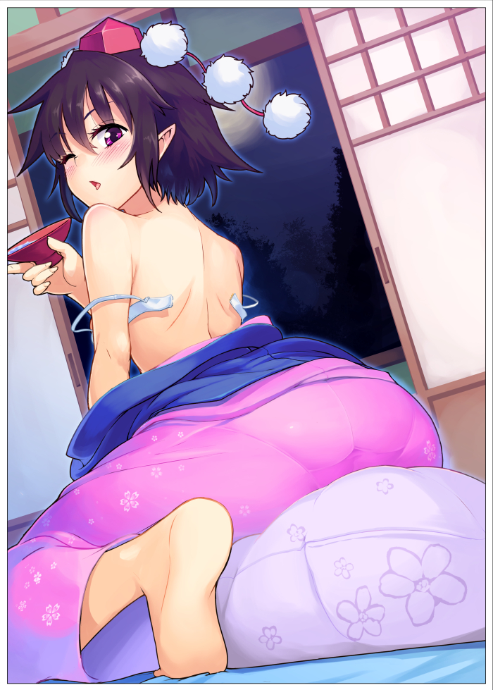1girl, alcohol, alternate_costume, ass, barefoot, black_hair, blush, bra