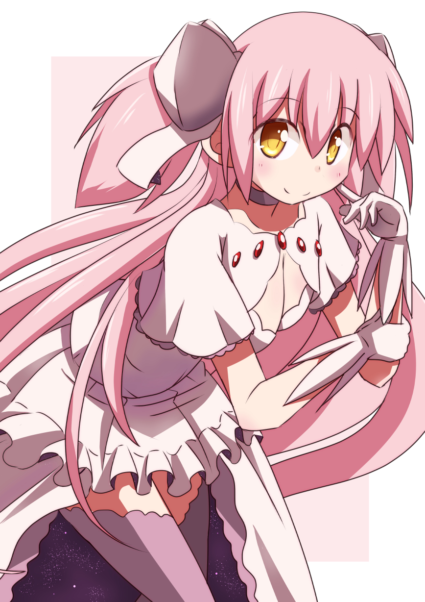 1girl, blush, breasts, choker, gloves, goddess_madoka, highres, kaname_madoka, long_hair, looking_at_viewer, mahou_shoujo_madoka_magica, naruse_mai, pink_hair, simple_background, smile, solo, thigh-highs, very_long_hair, white_background, yellow_eyes