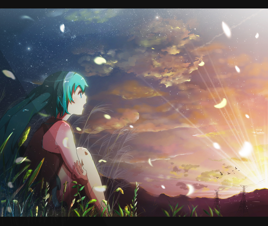 ao_(aohari), ao_(artist), aqua_eyes, aqua_hair, cloud, clouds, hatsune_miku, knee_hug