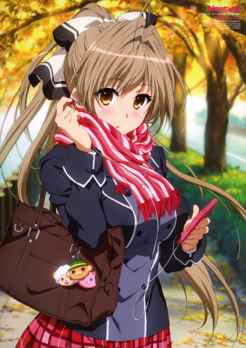 1girl, absurdres, amagi_brilliant_park, bag, brown_hair, cellphone, earphones, highres