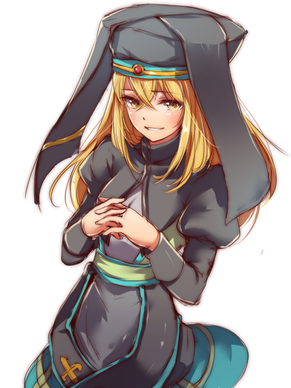 1girl, blonde_hair, breasts, capelet, cross, habit, long_hair, looking_at_viewer