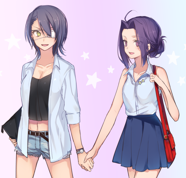 2girls, eyepatch, holding_hands, kantai_collection, multiple_girls, purple_hair, short_hair, skirt