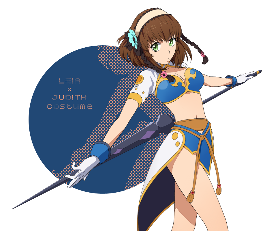 1girl, bra, brown_hair, character_name, cosplay, gloves, green_eyes, hairband