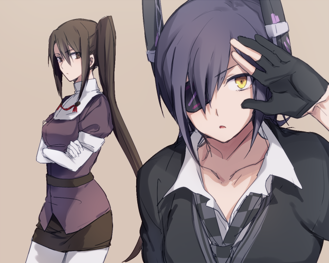 2girls, black_gloves, brown_eyes, brown_hair, bust, crossed_arms, eyepatch, gloves