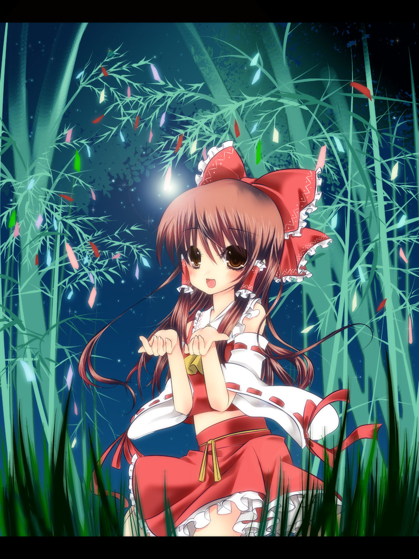 1girl, :d, ascot, bamboo, bamboo_forest, bow, brown_eyes, brown_hair