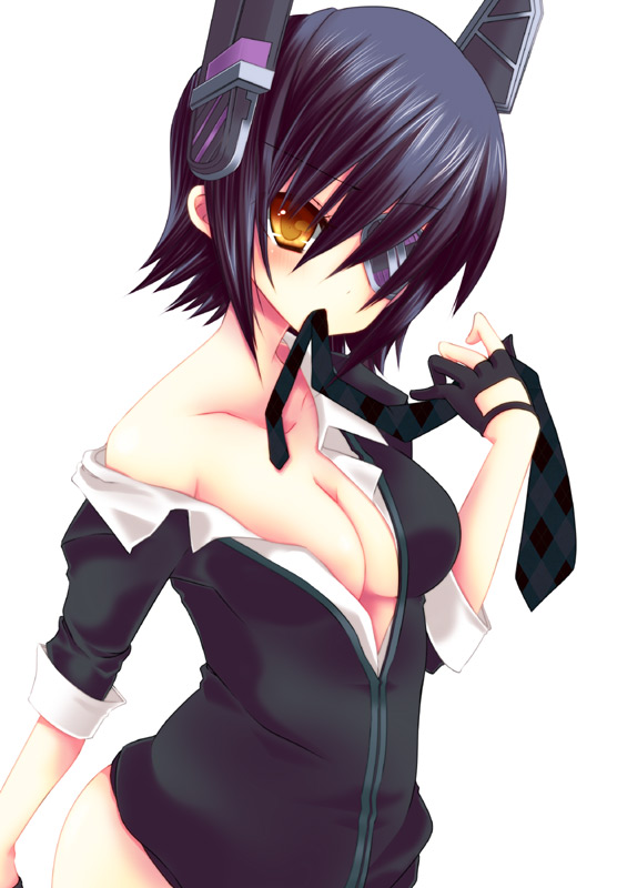 1girl, black_hair, breasts, cleavage, eyepatch, fingerless_gloves, gloves, headgear