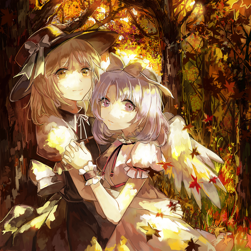 2girls, angel_wings, autumn_leaves, black_dress, blonde_hair, bow, dress, hands_clasped