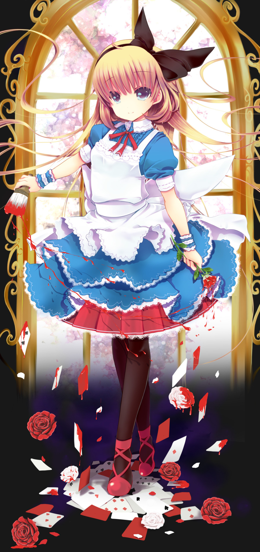 1girl, absurdres, alice_(wonderland), alice_in_wonderland, blonde_hair, blue_eyes, card, flower, hairband, highres, holding, ichiru_(artist), looking_at_viewer, original, paintbrush, pantyhose, playing_card, rose, smile, solo
