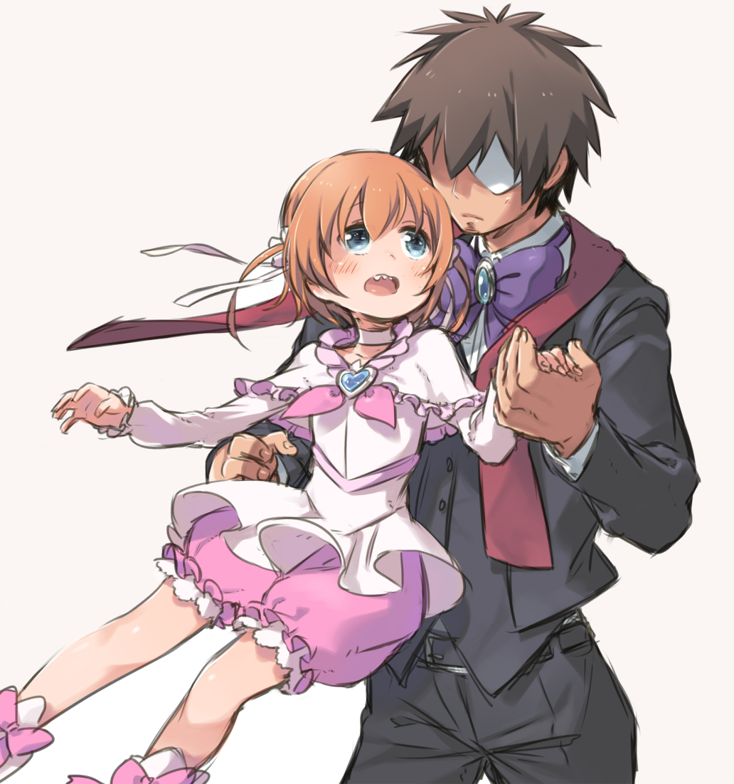 1boy, 1girl, alternate_costume, black_suit, blue_eyes, blush, bowtie, brown_hair