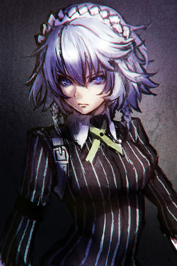 1girl, alternate_costume, black_dress, blue_eyes, braid, bust, dress, izayoi_sakuya