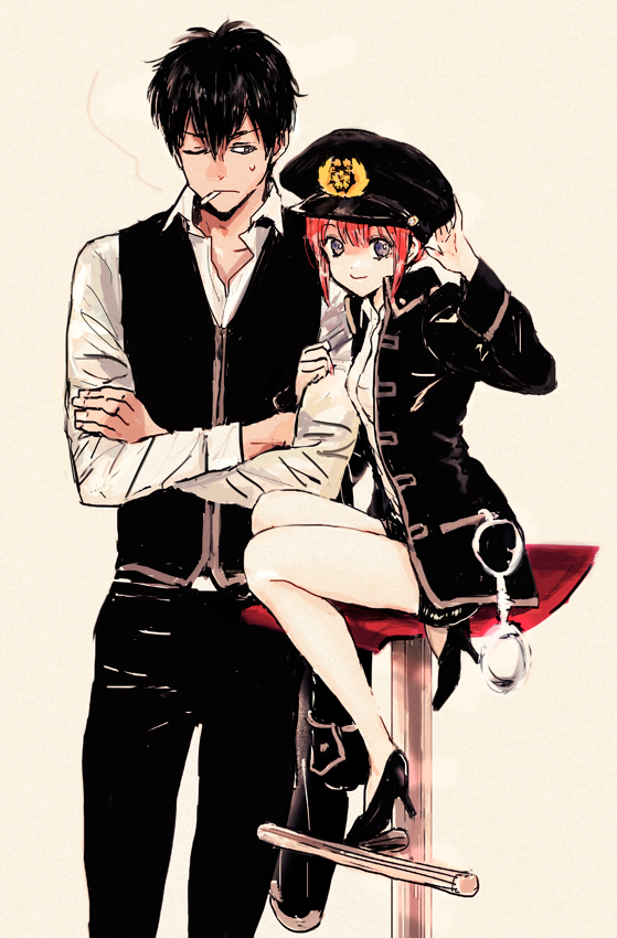 1boy, 1girl, alternate_costume, anatidae, arm_grab, bare_legs, black_hair, blue_eyes, cigarette, crossed_arms, cuffs, gintama, handcuffs, high_heels, hijikata_toushirou, jacket, kagura_(gintama), looking_at_viewer, orange_hair, police, police_uniform, short_hair, sitting, sketch, smile, sweat, uniform, vest