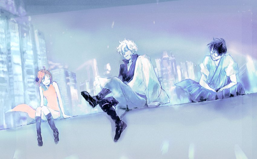 1girl, 2boys, anatidae, arm_support, black_hair, blue, boots, bun_cover