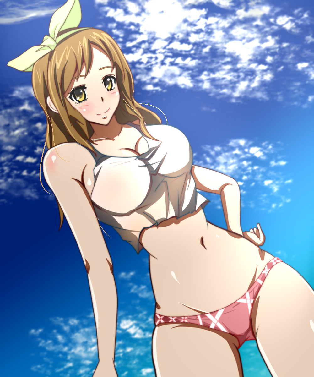 1girl, :o, bare_shoulders, bikini, blush, bow, breasts, brown_hair