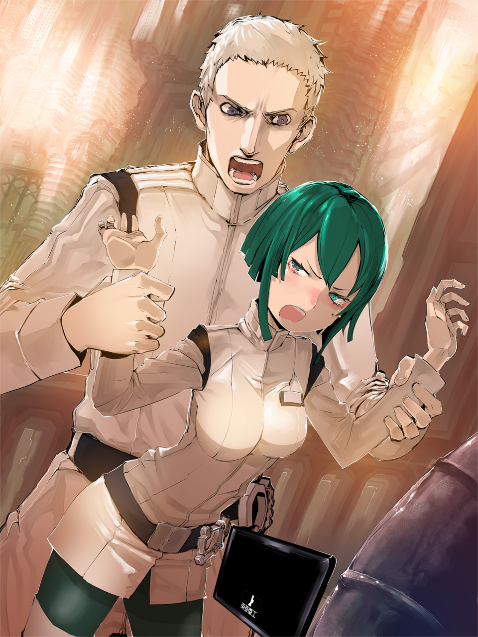 1girl, green_eyes, green_hair, highres, midorikawa_yuhata, short_hair, sidonia_no_kishi, stregoicavar, tears