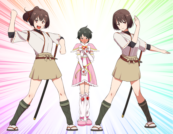 asa_furo, blush, brown_eyes, brown_hair, futari_wa_precure, futari_wa_precure_max_heart, hyuuga_(kantai_collection), ise_(kantai_collection)