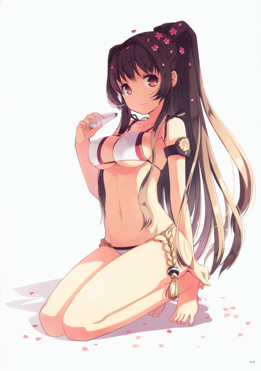 1girl, absurdres, barefoot, bikini, breasts, brown_hair, cleavage, collarbone