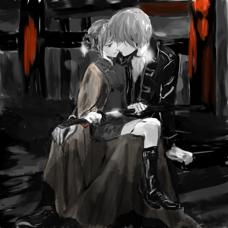 1boy, 1girl, anatidae, arm_support, boots, china_dress, chinese_clothes, coat