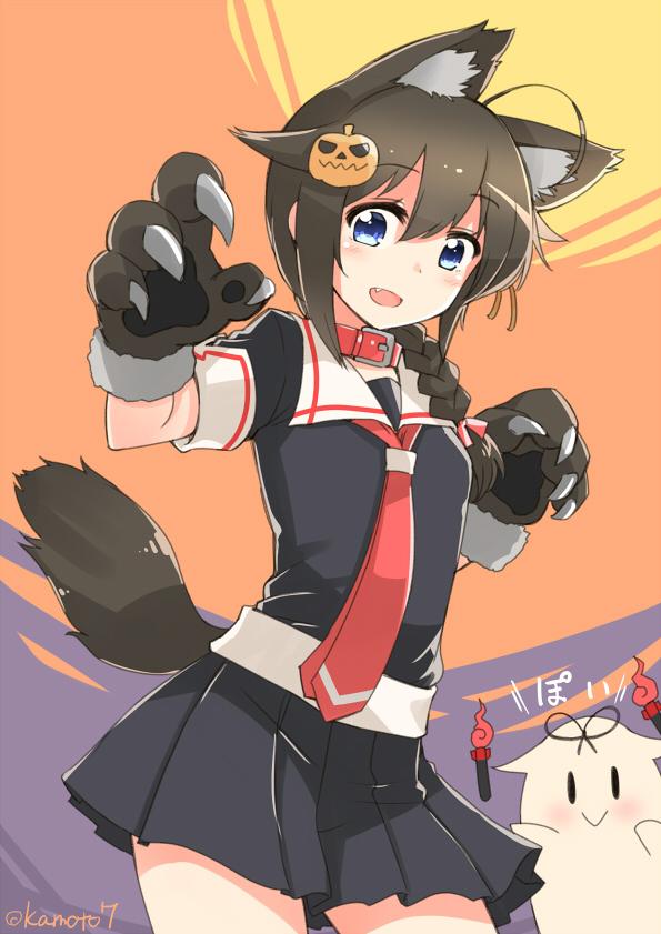 1girl, :d, ahoge, animal_ears, black_hair, blue_eyes, blush, braid