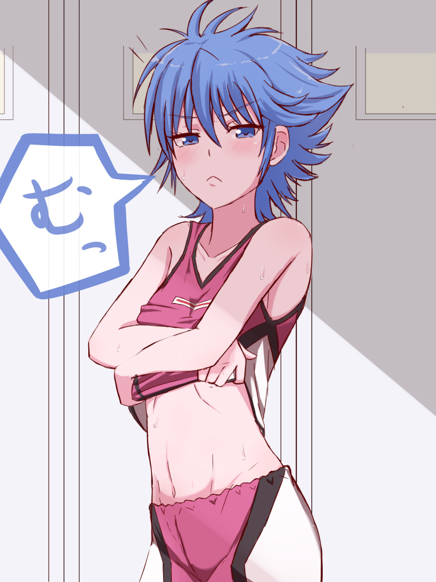 1girl, blue_eyes, blue_hair, blush, embarrassed, highres, looking_at_viewer, navel