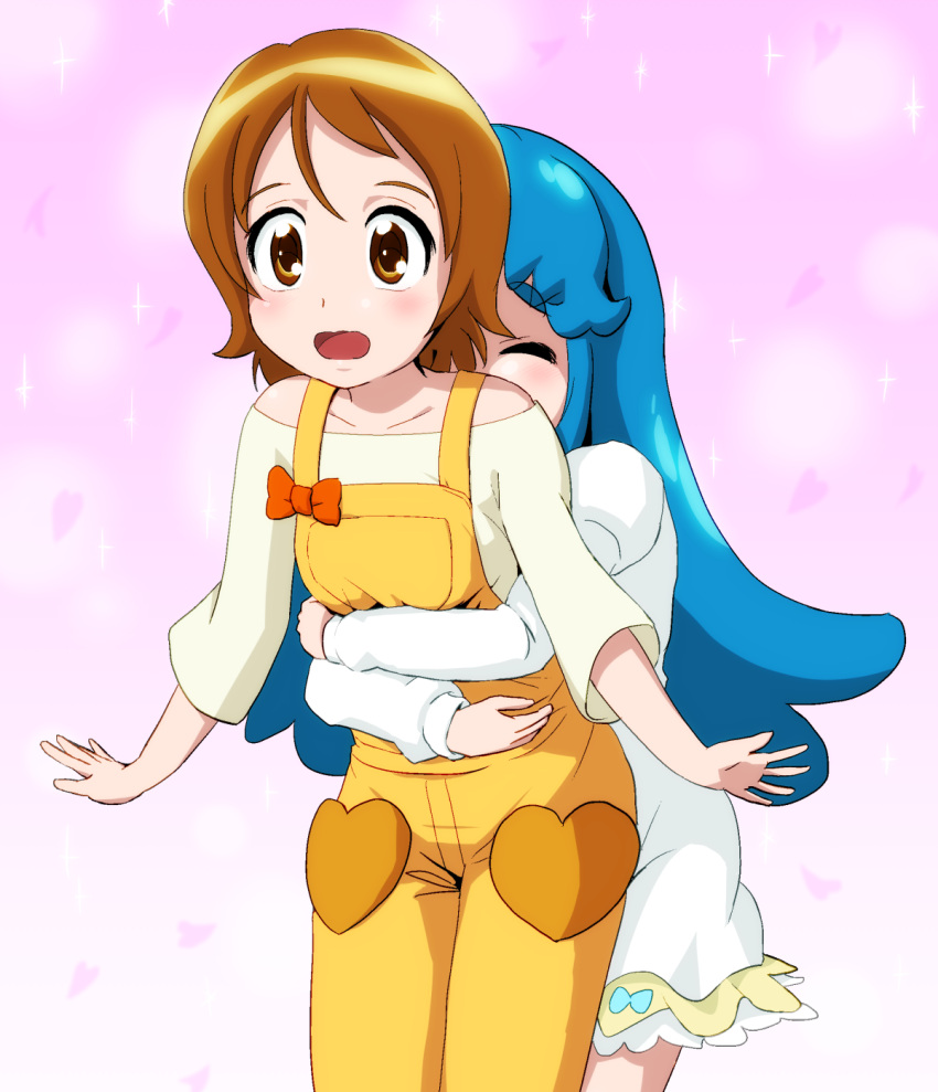 2girls, bare_shoulders, blue_hair, brown_hair, closed_eyes, dress, happinesscharge_precure!, highres