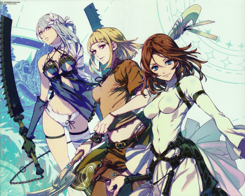 3girls, bandages, belt, blonde_hair, blue_eyes, bracelet, brown_hair, drag-on_dragoon, drag-on_dragoon_2, dress, flower, fujisaka_kimihiko, furiae, garters, hair_ornament, highres, jewelry, kaine_(nier), manah, midriff, multiple_girls, nier, official_art, panties, red_eyes, silver_hair, staff, sword, underwear, weapon