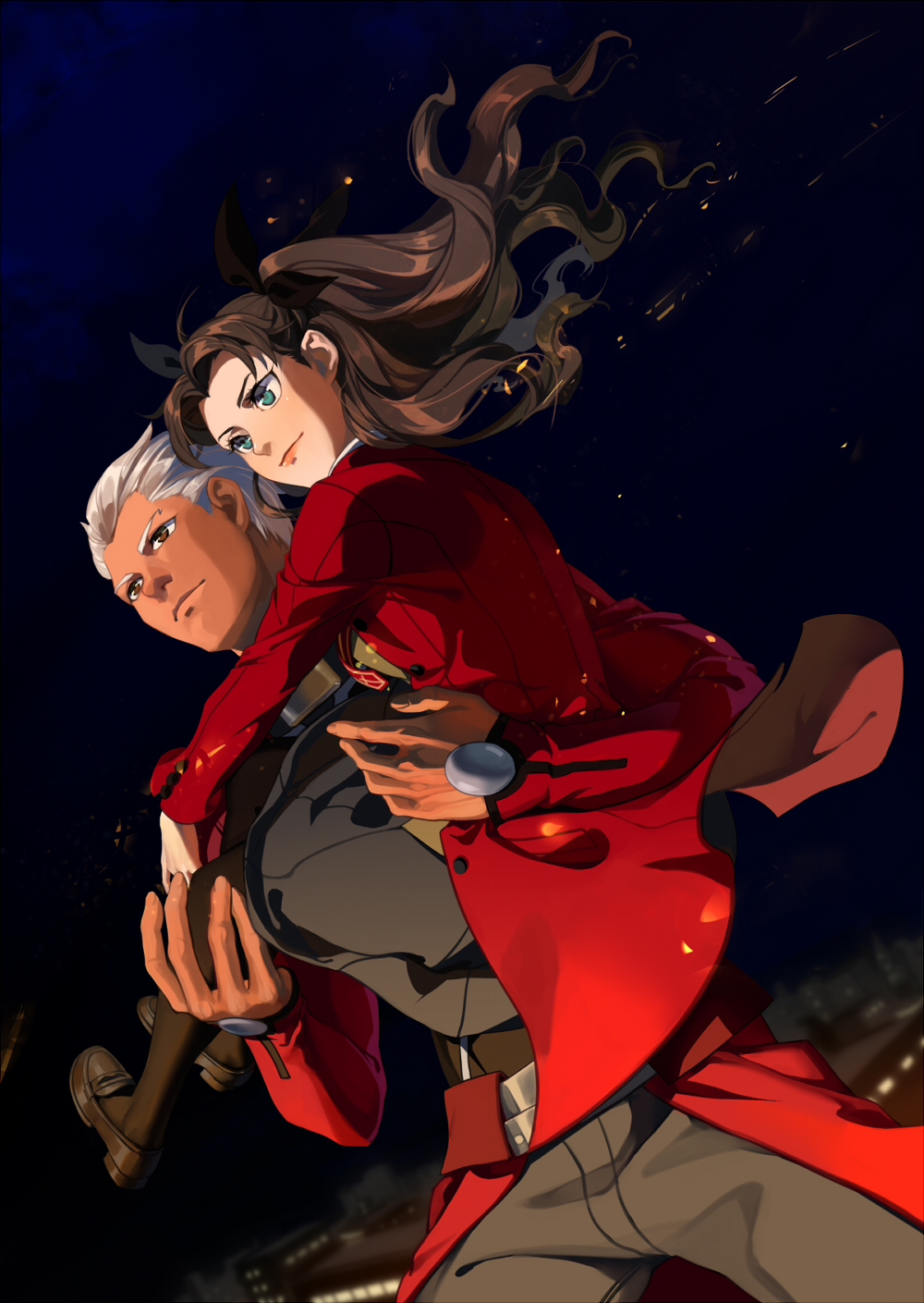 1boy, 1girl, archer, black_legwear, brown_hair, buming, carrying, dark_skin