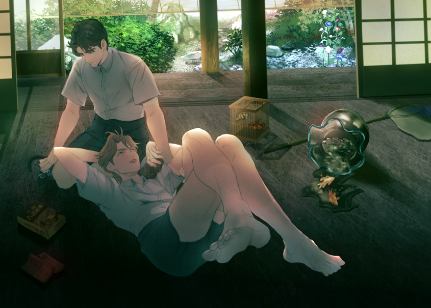 243_(jel), 2boys, barefoot, birdcage, cage, dio_brando, fish, fishbowl