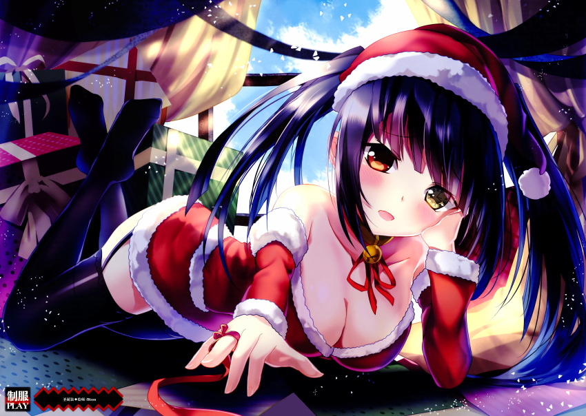 1girl, absurdres, bare_shoulders, bell, bisonbison, black_hair, black_legwear, blush