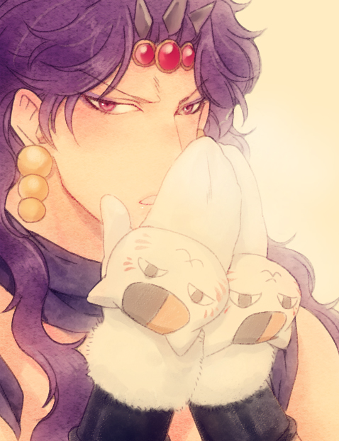 1boy, breath, cat, gedoooo, horns, inoue_kazuhiko, jojo_no_kimyou_na_bouken, kars_(jojo), long_hair, mittens, natsume_yuujinchou, nyanko, purple_hair, seiyuu_connection, solo