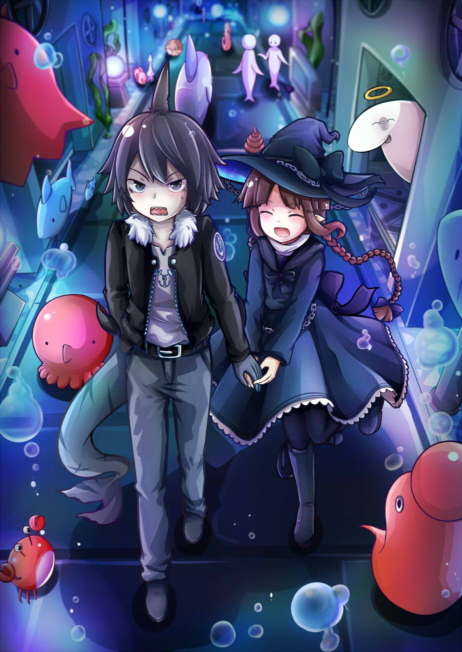1boy, 1girl, black_hair, blue_dress, blush, boots, bow, braid, brown_hair, dress, hat, hat_bow, hetero, highres, holding_hands, jacket, jewelry, jpeg_artifacts, long_hair, monster_boy, nano_(mianhua_maoqiu), necklace, oounabara_to_wadanohara, open_clothes, open_jacket, pantyhose, pointy_ears, sailor_dress, samekichi, shark, sweatdrop, syake_(wadanohara), tail, tarako_(wadonohara), twin_braids, wadanohara, witch_hat