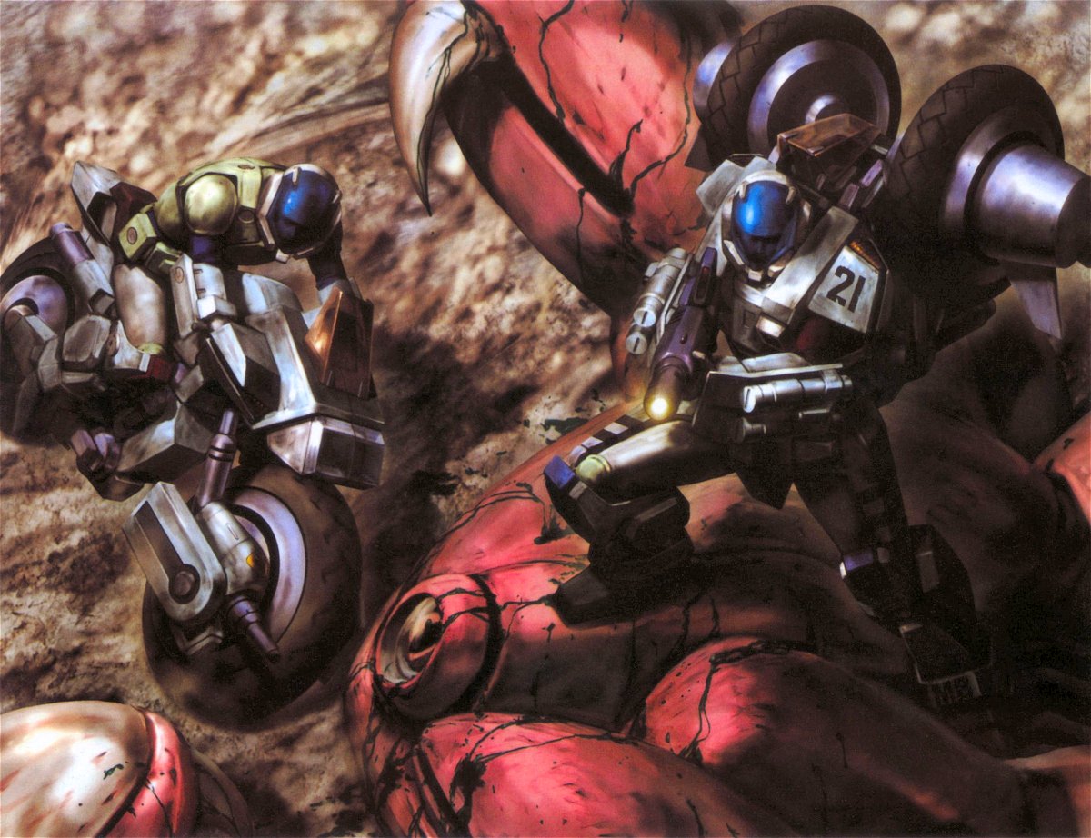 annotated, battle, corpse, genesis_climber_mospeada, highres, igaa, inbit, kikou_souseiki_mospeada, mecha, mospeada, mospeada_(mecha), motor_vehicle, motorcycle, official_art, power_armor, power_suit, rand, ray, ray_(mospeada), realistic, ride_armor, science_fiction, stick_bernard, vehicle
