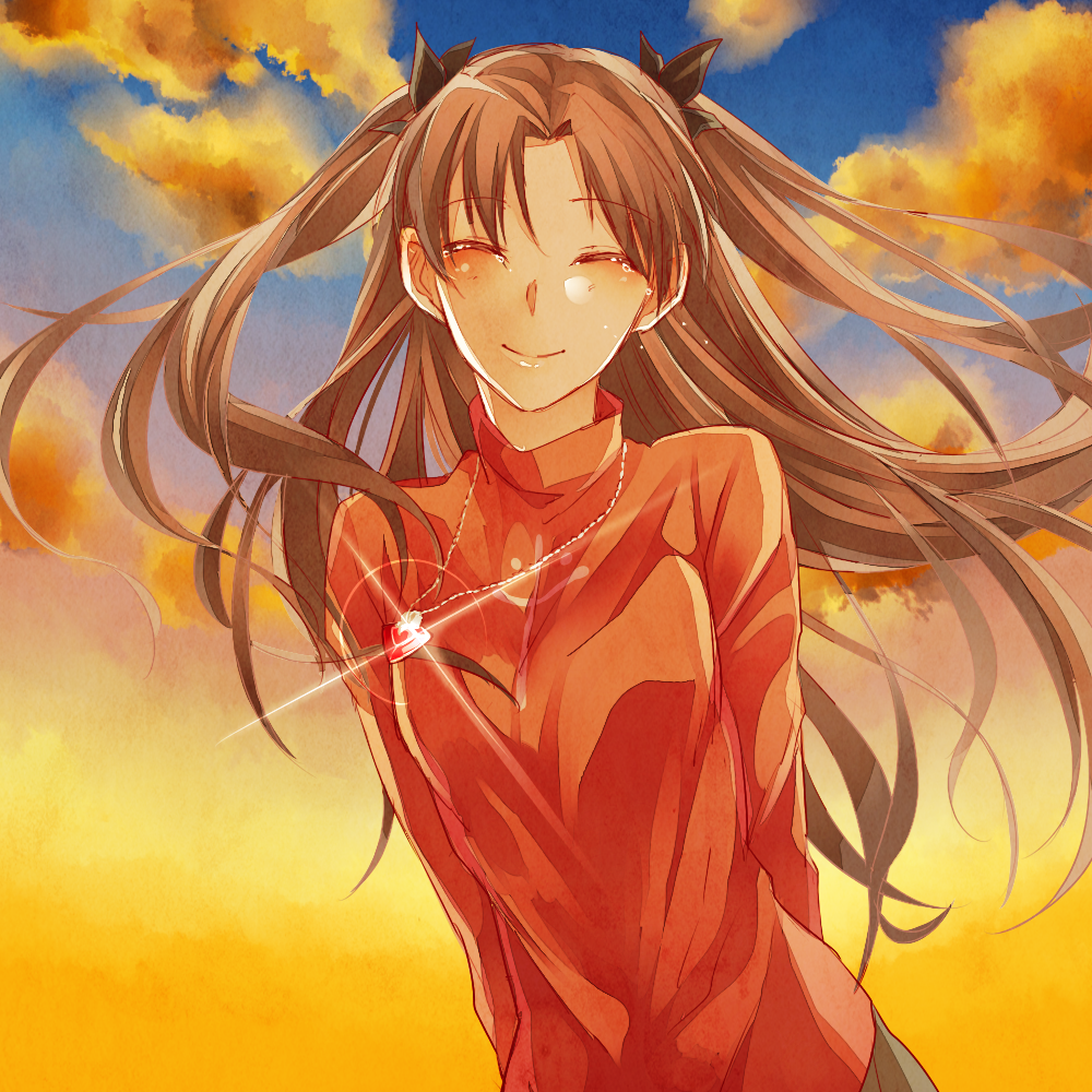 1girl, ^_^, arms_behind_back, blush, brown_hair, closed_eyes, clouds, fate/stay_night, fate_(series), gem, glint, jewelry, long_hair, long_sleeves, necklace, pendant, skirt, sky, smile, solo, sunset, tears, tohsaka_rin, toosaka_rin, two_side_up, xxx_yc05