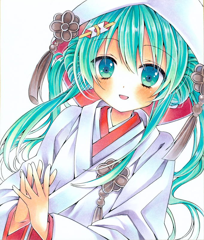 1girl, aqua_eyes, aqua_hair, blush, hair_ornament, hatsune_miku, japanese_clothes, kimono