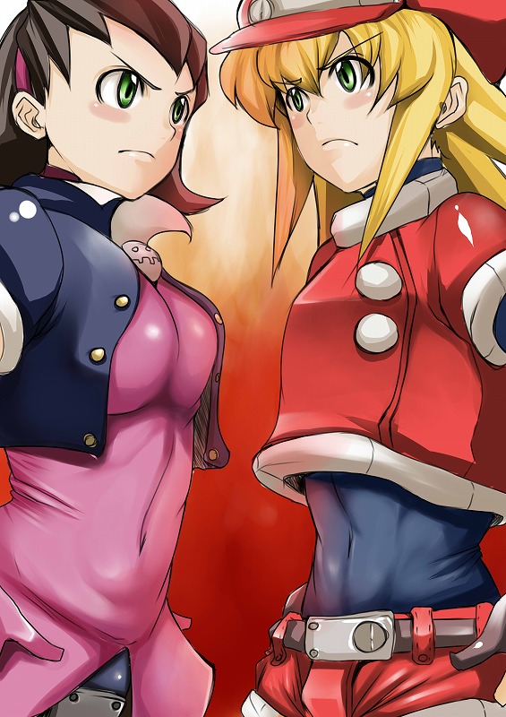 abs, belt, black_hair, blonde_hair, bolero, capcom, cholesenel, confrontation, eye_contact, frown, gloves, green_eyes, hat, multiple_girls, pantyhose, rockman, rockman_dash, roll_caskett, spandex, stare, tron_bonne