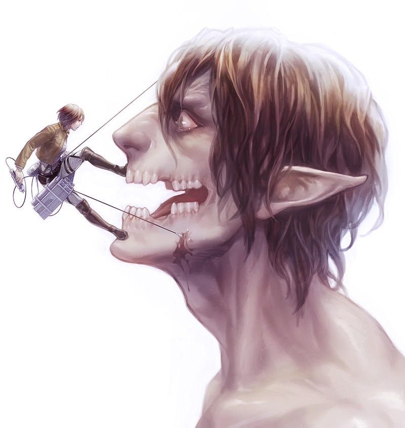 1boy, 1girl, a_k_i, blood, eye_contact, looking_at_another, mikasa_ackerman, open_mouth, pointy_ears, realistic, rogue_titan, shingeki_no_kyojin, size_difference, teeth, three-dimensional_maneuver_gear, white_background