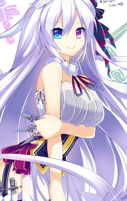 1girl, bare_shoulders, between_fingers, blue_eyes, breast_hold, breasts, canon_(nyori), fur_collar