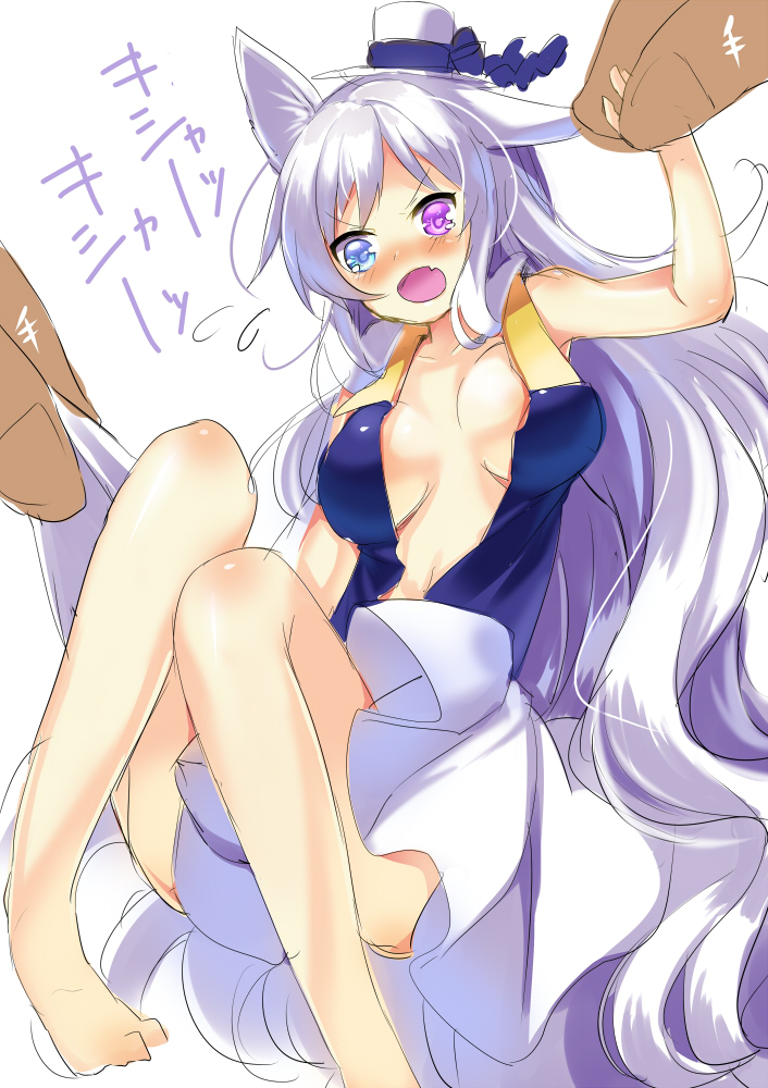 1girl, animal_ears, bare_legs, barefoot, blue_eyes, blush, breasts, canon_(nyori)