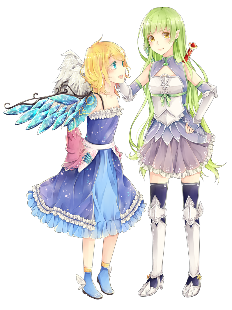 2girls, angel, angel_wings, armor, asymmetrical_wings, blonde_hair, blue_eyes, borrowed_character, cassie_(acerailgun), dress, earrings, fingerless_gloves, full_body, gloves, greaves, green_hair, hand_on_hip, hands_on_hips, jewelry, long_hair, mechanical_arm, mechanical_wings, miss-ariellia, multiple_girls, original, pointy_ears, rynn_(acerailgun), simple_background, skirt, smile, thigh-highs, transparent_background, vambraces, very_long_hair, winged_shoes, wings, yellow_eyes, zettai_ryouiki
