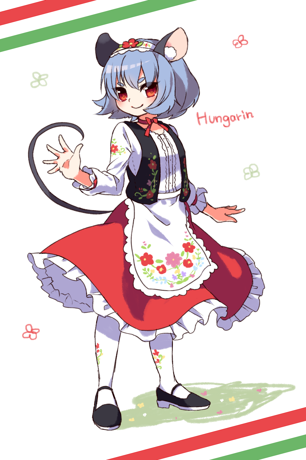 1girl, animal_ears, grey_hair, highres, hungarian_clothes, kozakura_(dictionary), mary_janes, mouse_ears